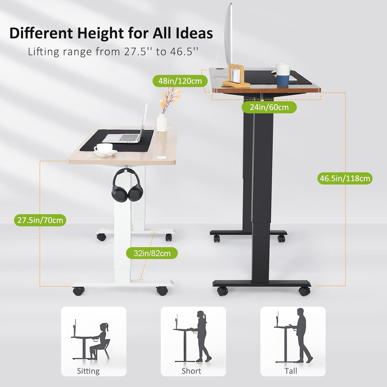 Diagram showing different desk heights for sitting, short standing, and tall standing positions