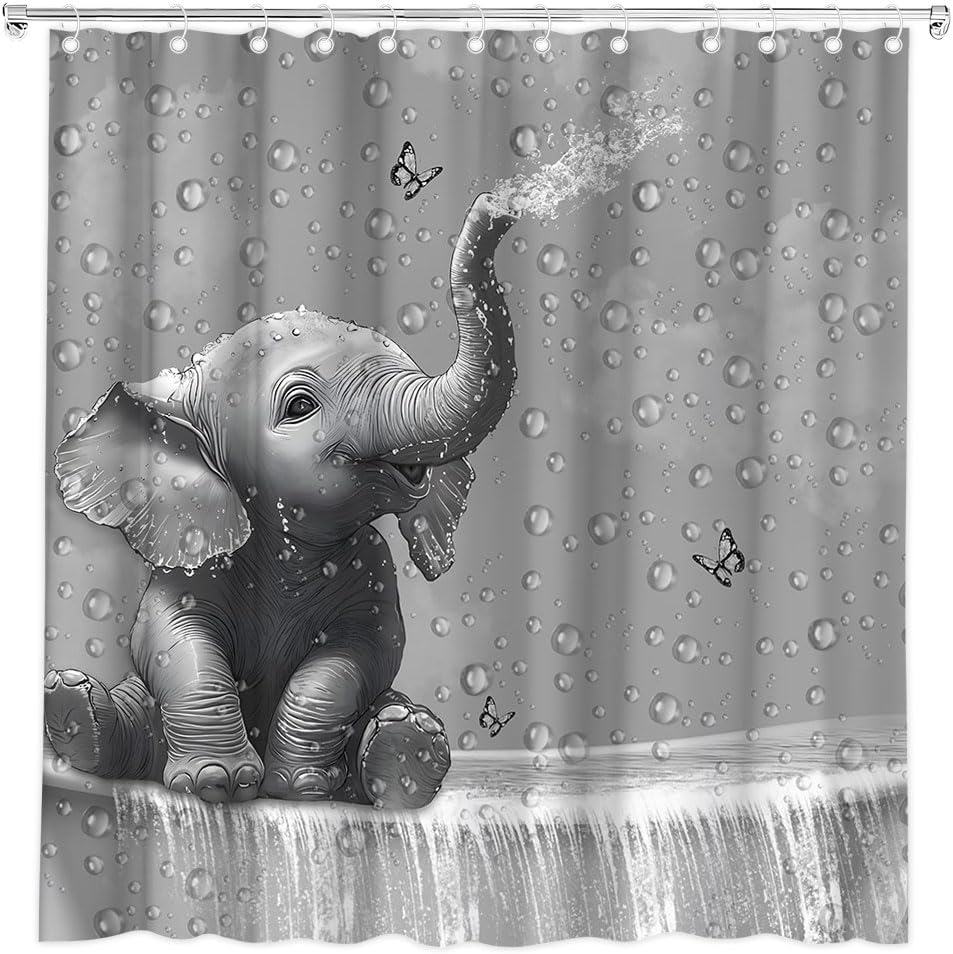 Funny Elephant Shower Curtain African Cute Wild Animal Butterfly Taking Shower Cute Wild Animal on Raindrop Background Bath Curtain Fabric Bathroom Accessories Decor with Hooks 70W x90L