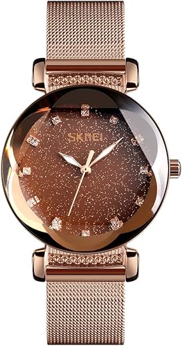 SKMEI Lady Watches for Women Waterproof Casual Fashion Dress Japanese Quartz Movement Luminous Mesh Stainless Steel Wristwatch Gifts Rose Gold Black