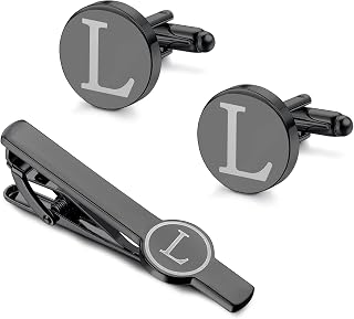 Initial Cufflinks and Tie Clip Set for Men Personalized Black Cuff Links and Tie Bar Letter Alphabet A-Z Gift with Box for Father Husband Groommens