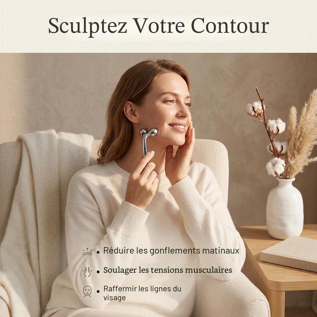 3D Roller Massage Visage, Masseur Visage Manuel ABS Plaqué Platine, Rouleau Visage pour Lifting et Raffermissement, Appareil Massage, Soins Corps et Relaxation, Argent