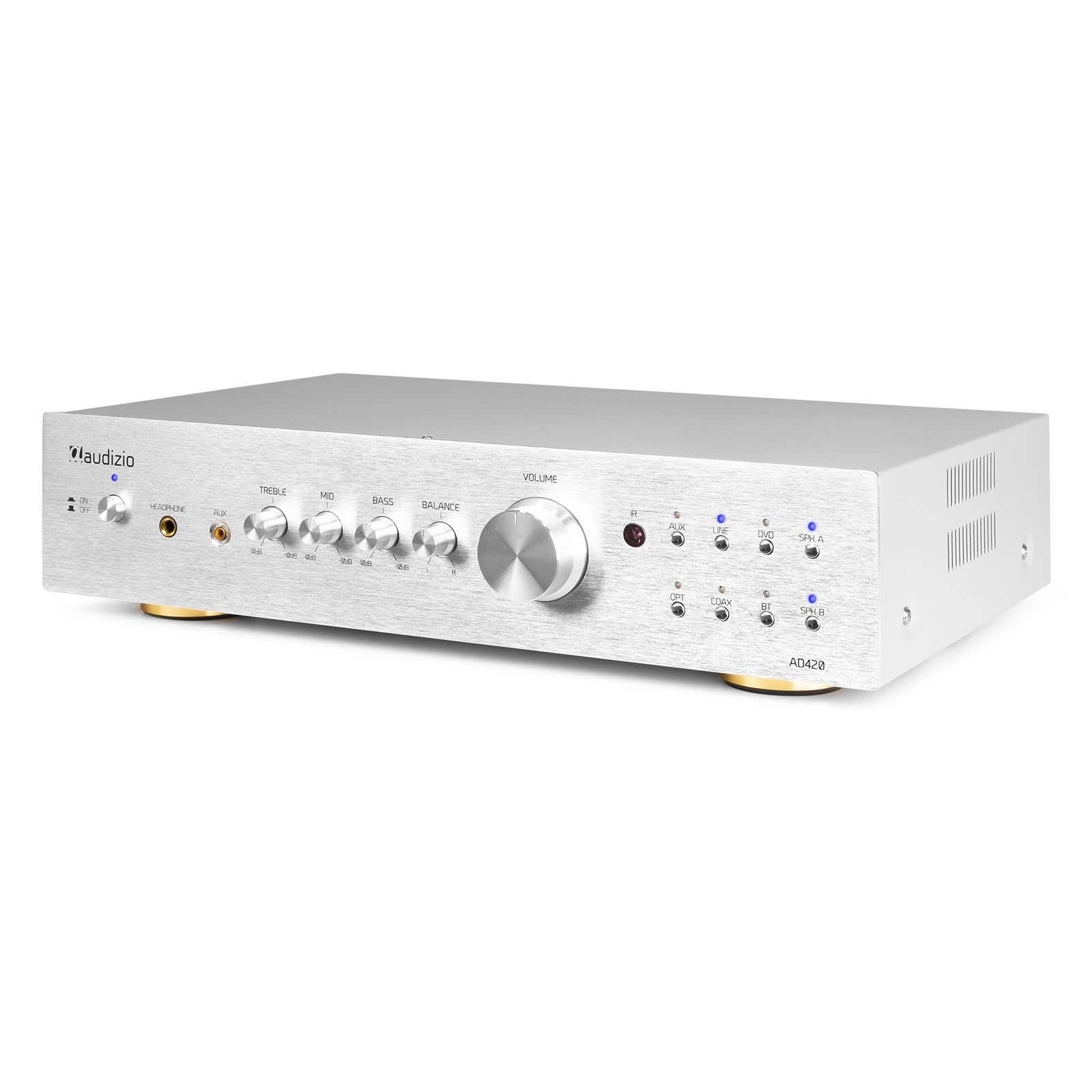 Audizio AD420A Amplificador Hi-FI de 400w (4 Canales x 100w) y Bluetooth, 1 Salida subwoofer, Salida óptica y coaxial, 2 Salidas de Altavoz, MP3, EQ, Ideal para Escuchar tu música, Color Aluminio