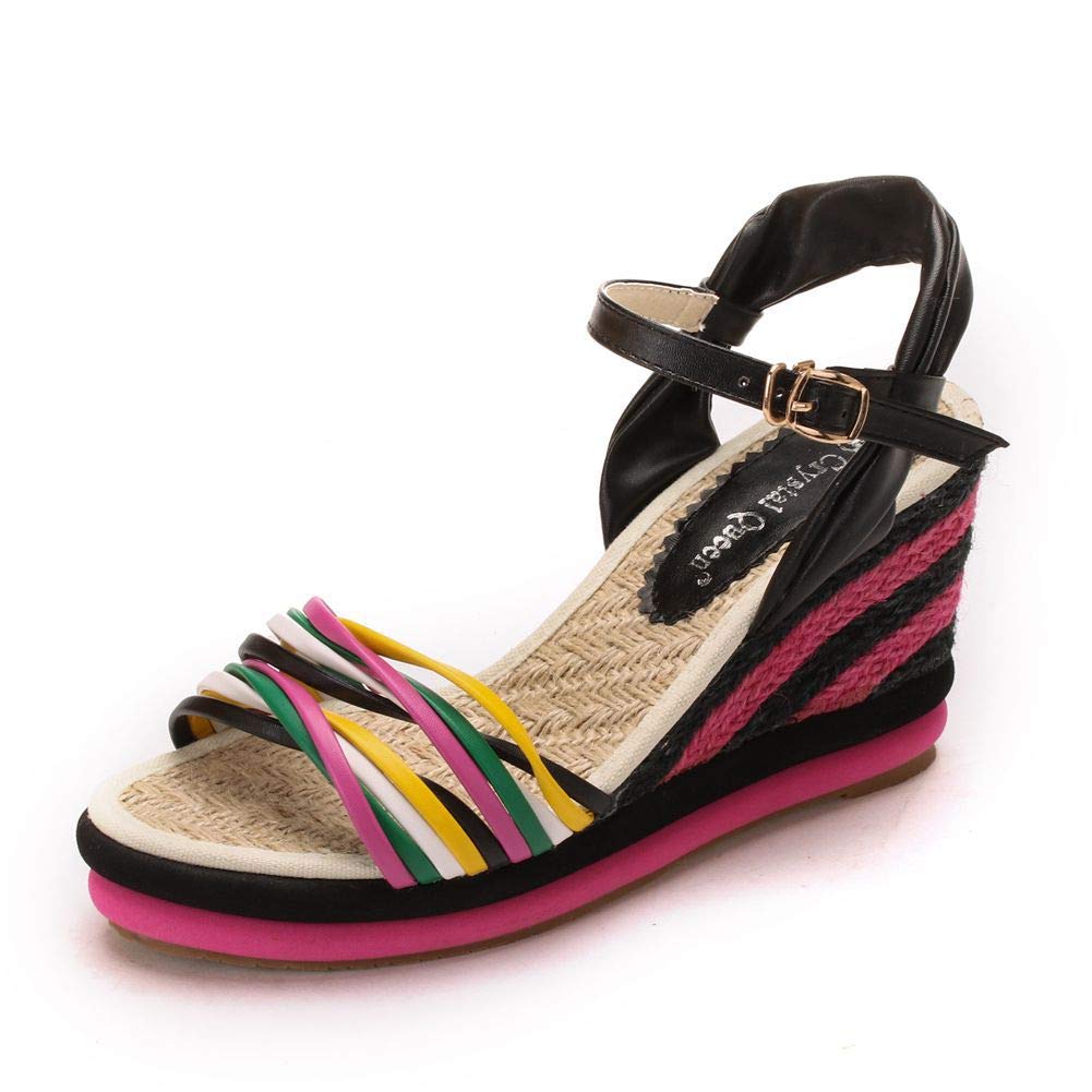 Espadrille for Women, Summer Candy Colors Wedge Sandals, Ankle Strappy Open  Toe Slingback Ladies Platform Sandal Heeled 9cm,Black,36