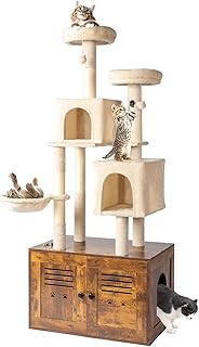 VINGLI Cat Tree with Litter Box, Cat Tower, Houses for Indoor Kittens, All-in-1 Wooden Cats Condo, Hidden Cat Washroom Furniture (70 inch)