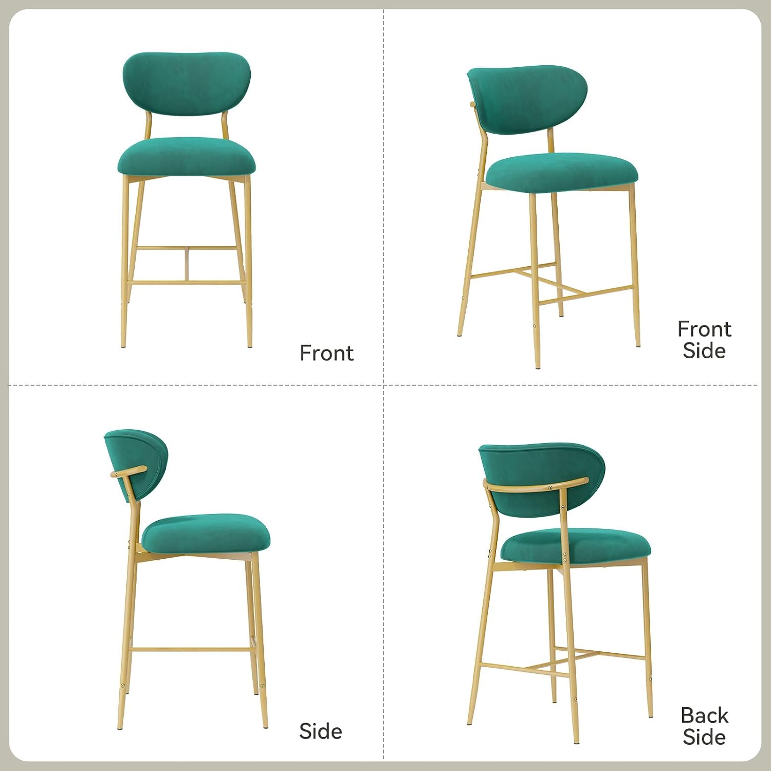 Counter Height Bar Stools Set of 2, Velvet Ergonomic Modern Counter Stool with Back, 26 inch Seat Height Comfy Bar Chairs with Powder Sprayed Golden Metal Legs, Green