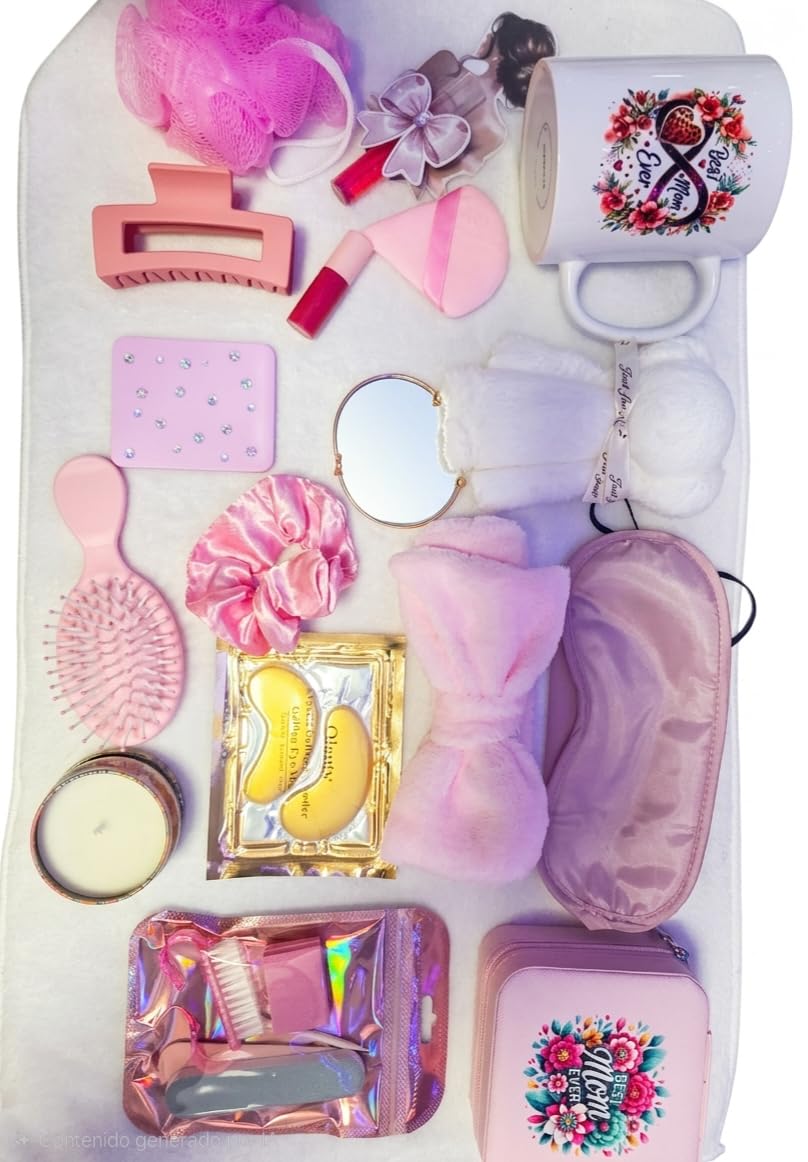 16 Piece Pink Deluxe Spa Gift Box for Mom - Includes Bracelet, Jewelry Case, Mini Perfume, LED Lights, Hair Claw & Beauty Set"