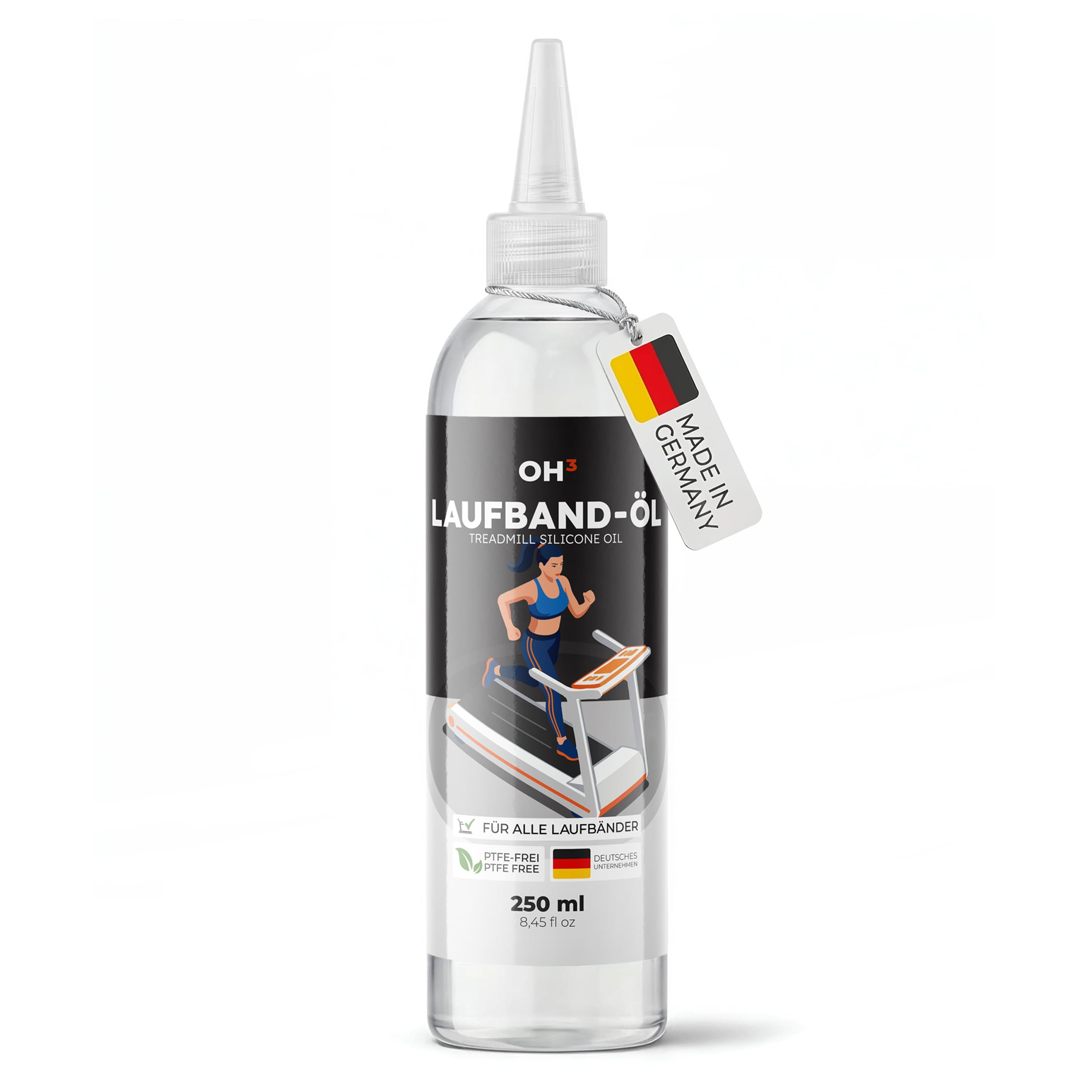 OH3 Aceite para cinta de correr, 250 ml, aceite de silicona 100% puro, lubricante con punta de rosca para una dosificación precisa 350 cSt – Reduce la fricción y el ruido – Para el mantenimiento de