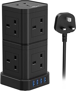 Tower Extension Lead with USB Slots, 9 Way Plug Extension with 4 USB, 2M Extension Cable, Black Multi Plug Extension Sockets 3250W/13A, Detach/Stackable Power Strip Extension Cord for Home Office