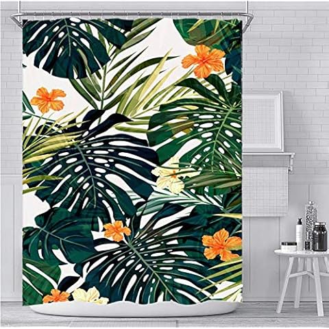 Tropical Leaves Plant Shower Curtain Set with 12 Hooks,Waterproof Orange Flower Green Palm Bath Curtain Modern Bathroom Accessories,Multi-Color Flowers and Green Leaves,72x72 Inch,Orange Flowers Cover