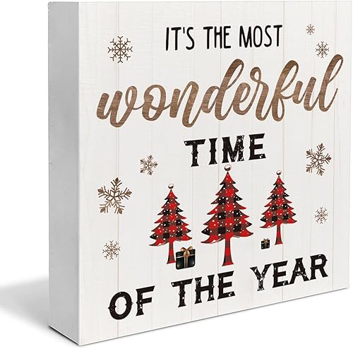 Miniatura 11 de Letrero rústico de madera con texto en inglés «Merry Christmas», decoración navideña estilo granja para mesa o estante, 5 x 5 pulgadas