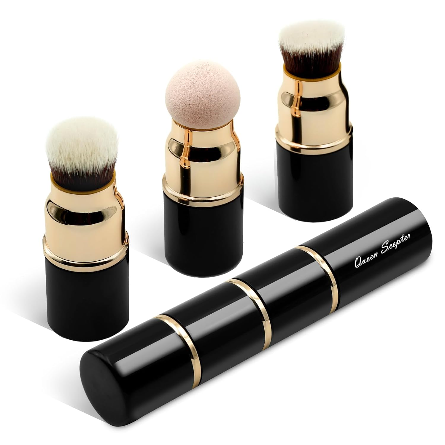 3 in 1 Professional Liquid foundation Makeup Brush Set Kabuki Face Blush Foudation Brush Powder Sponge for Powder/Liquid/Cream Travel Cosmetics Makeup Brushes with Cap - Image 2