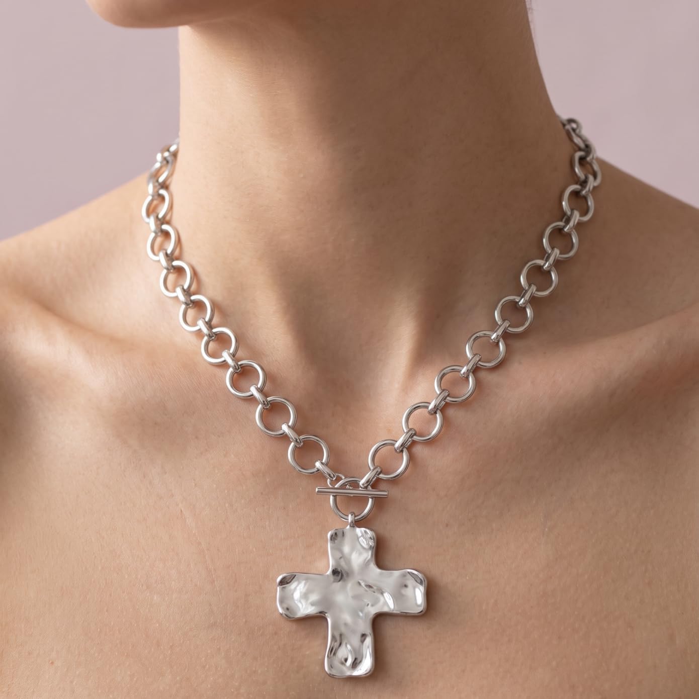 Chunky Cross Necklace for Women, Big Hammered Large Cross Pendant Necklace