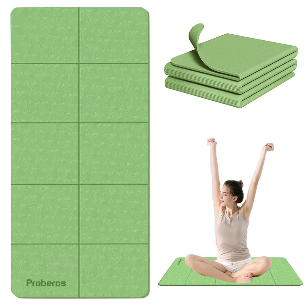 Proberos® Portable Folding Yoga Mat with Carry Bag TPE Yoga Mat Anti-slip 5mm Thicken Fitness Yoga Mats for Men Women Pilates Mat for Home Workout, Gym, Travel, 72x24 inches, Green-image-13