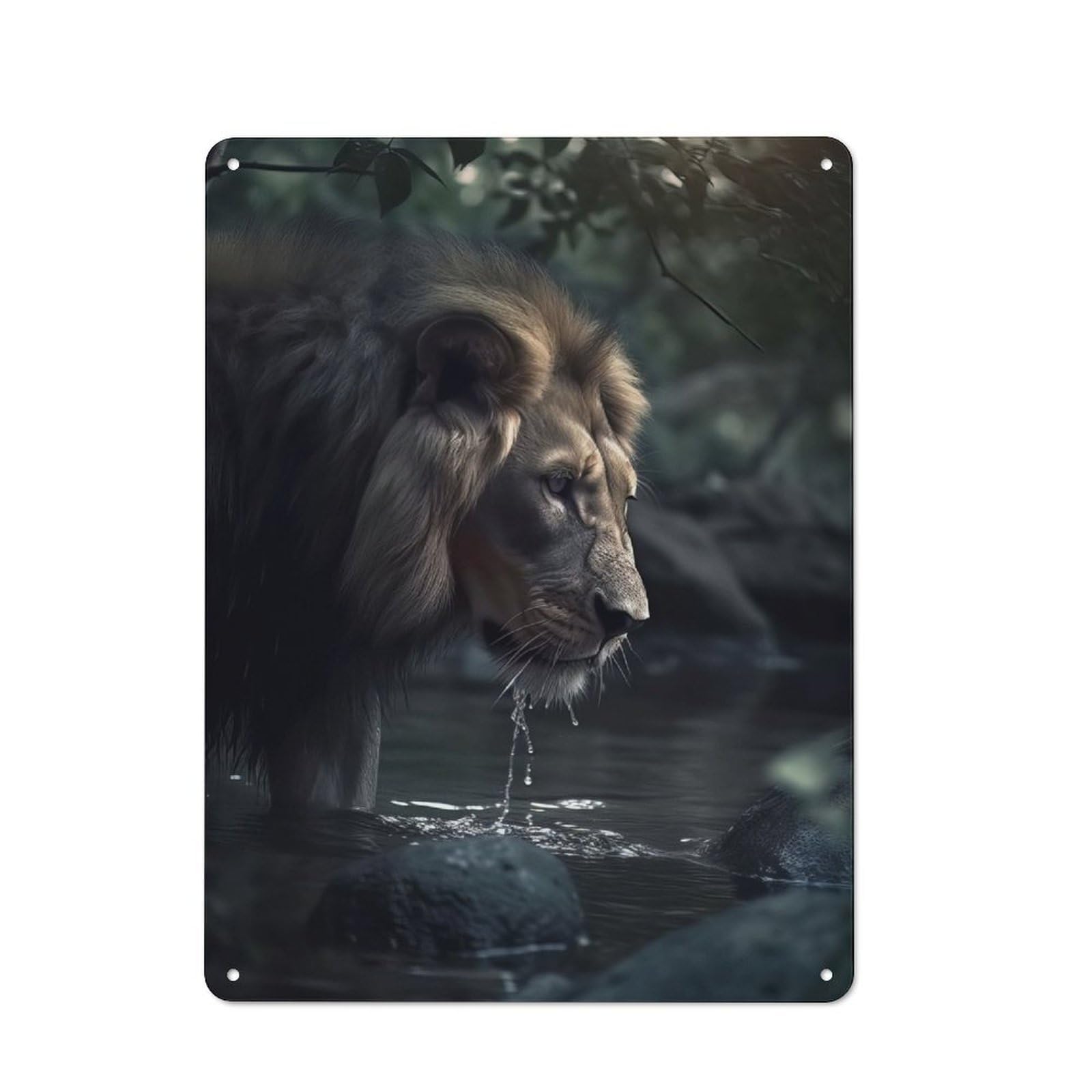 Retro Metal Plaque 40x30cm Featuring Water Drinking Lion, Bistro Wall Plaque for Bakery, Diner, Cafe Or Family Room