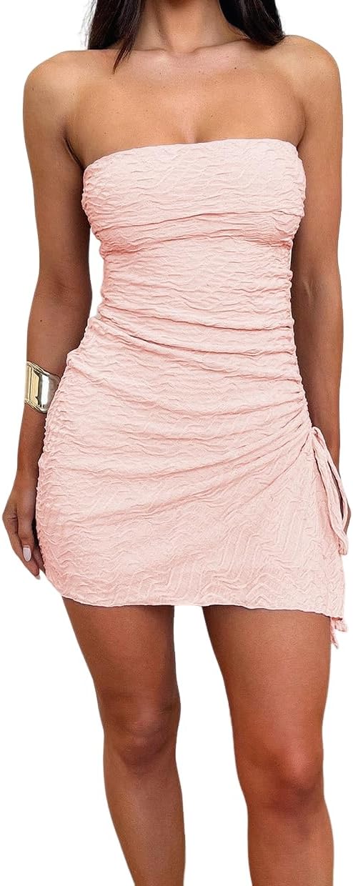 Women's Strapless Ruched Drawstring Slit Mini Dress Solid Color Bodycon Tube Dress for Party & Night Out