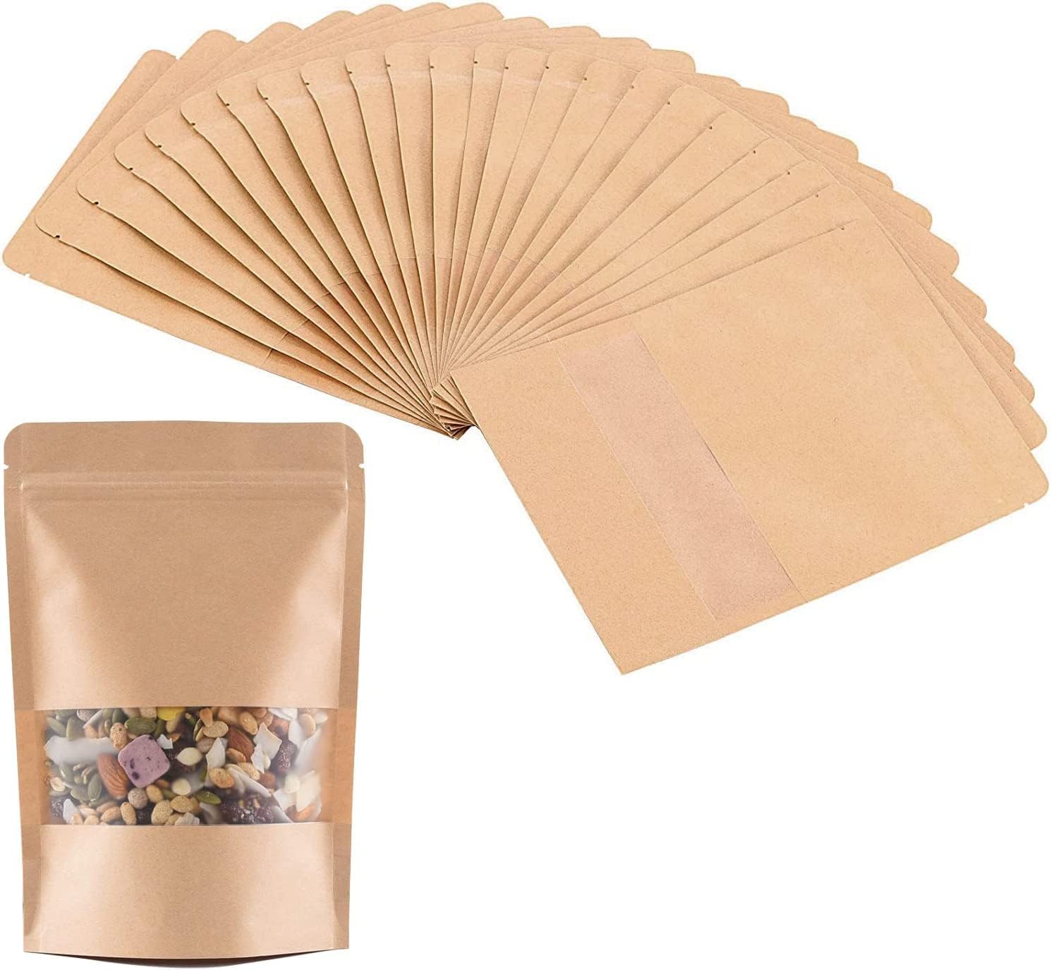 Kraft Zipper Pouch Bags, 50pcs Reusable Stand Up Ziplock Bags with Window Waterproof Oil-proof Food Packaging Storage Pouches for Nuts Coffee Beans Tea Candy Snack Favors Spices, 5.52*7.87inch