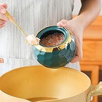 Vista 6 de Juego de 3 condimentos de cerámica de porcelana para cocina especias y azúcar con tapas cucharas y estante para azucarero servir té café especias