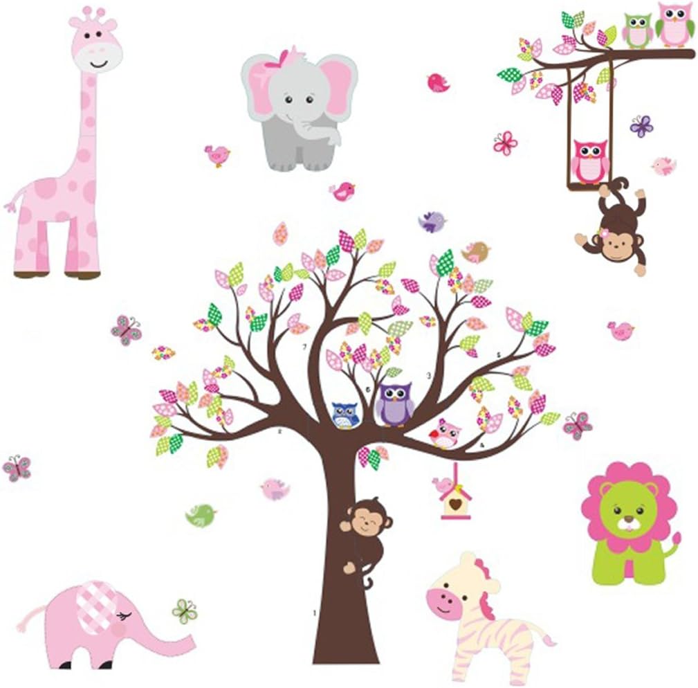 DEKOSH Kids Pink Jungle Theme Peel & Stick Girl Nursery Wall Decal, Colorful Owl Giraffe Lion Tree Decorative Sticker for Baby Bedroom, Playroom Mural: Kitchen & Dining