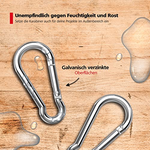 RAVN HAMAN 6er Set Karabiner-Haken 4 x 40 mm - Karabiner mit Schnappverschluss bis 40 kg - Karabinerhaken für Schlüsselanhänger, Rucksäcke, hängende Deko, etc. - Haken aus verzinktem Stahl