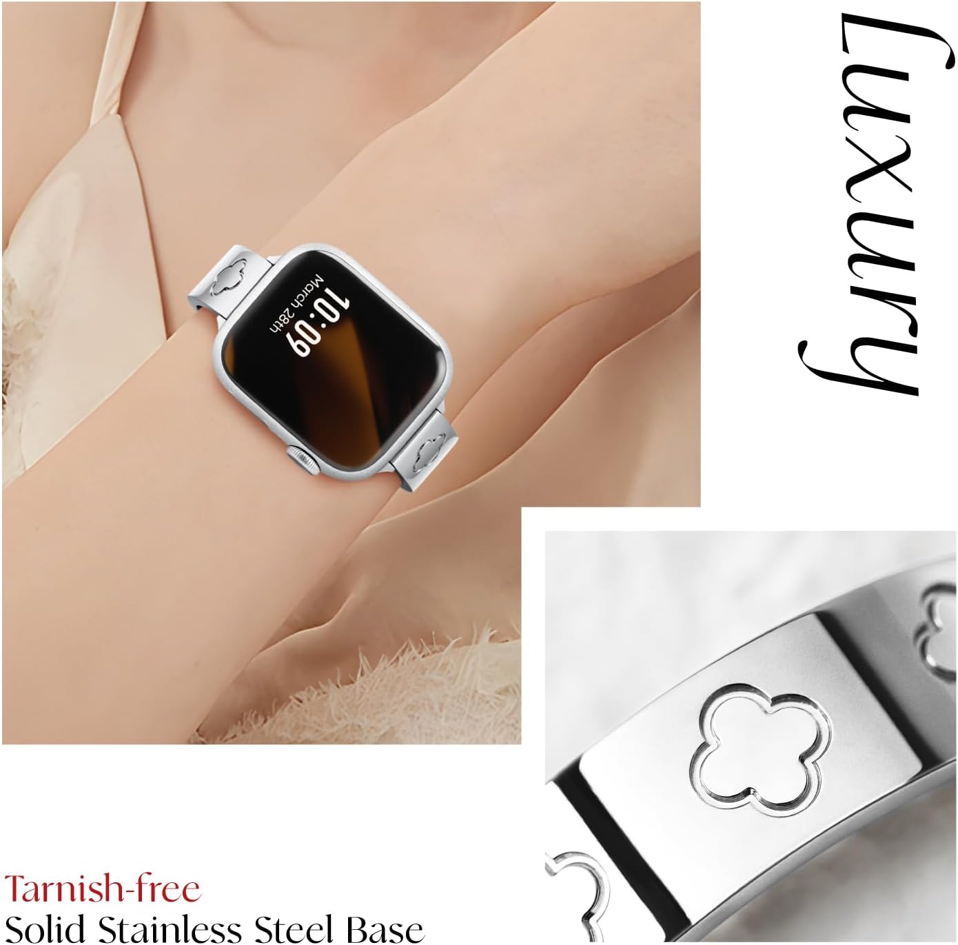 Missair Compatible with Apple Watch Band 38mm 40mm 41mm 42mm 44mm 45mm 46mm 49mm, Four Leaf Lucky Bracelet Women Dressy Stainless Steel Metal Clover Strap for iWatch Series 11 10 9 8 7 6 5 4 SE Ultra - Image 4