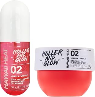 Bundle of Holler And Glow Hawaii Heat Body & Hair Mist + Body Butter, Body Spray, Warm Vanilla, Peony & Amber Scented, Moisturizing, Nourishing, Shea Butter, Peony, Amber Scented, 2 Piece Set