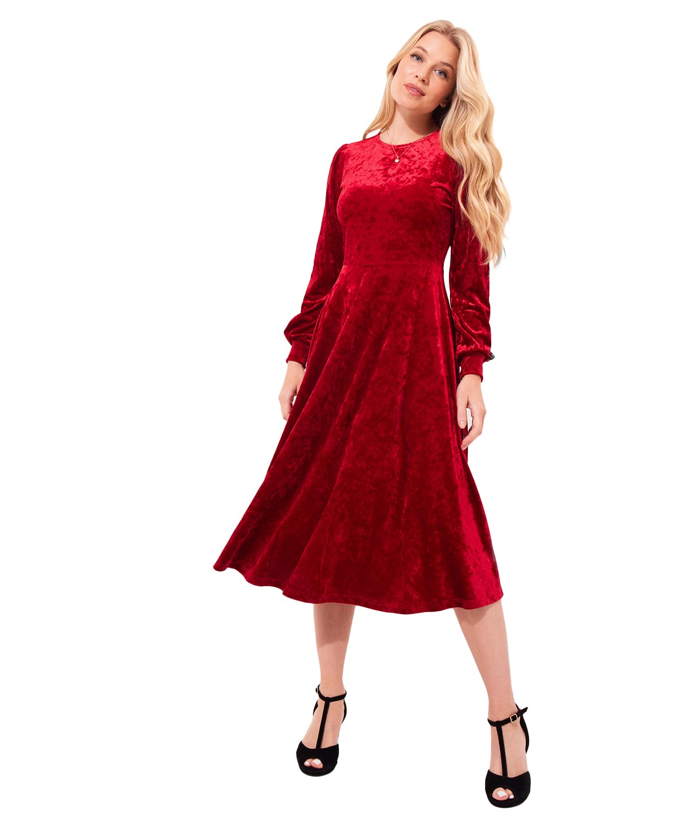 Joe Browns Women's Velour Voluminous Sleeve Midi Dress, Regular, Red, UK 14