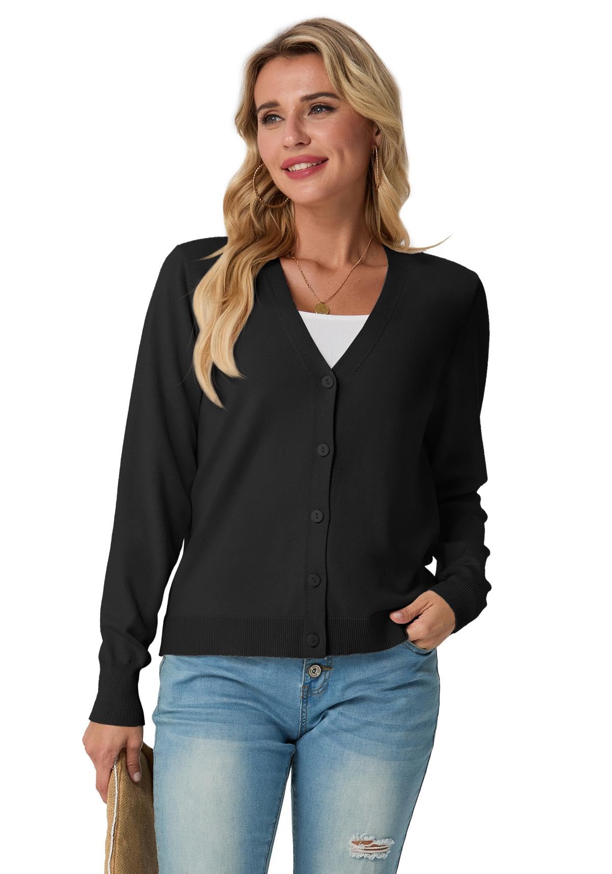 GRECERELLE Damen Leichte Strickjacke mit V-Ausschnitt und Knöpfen Cardigan Damen Lässig Eleganter Sommer Frühling Herbst Weiche Jacke über Top Kleid