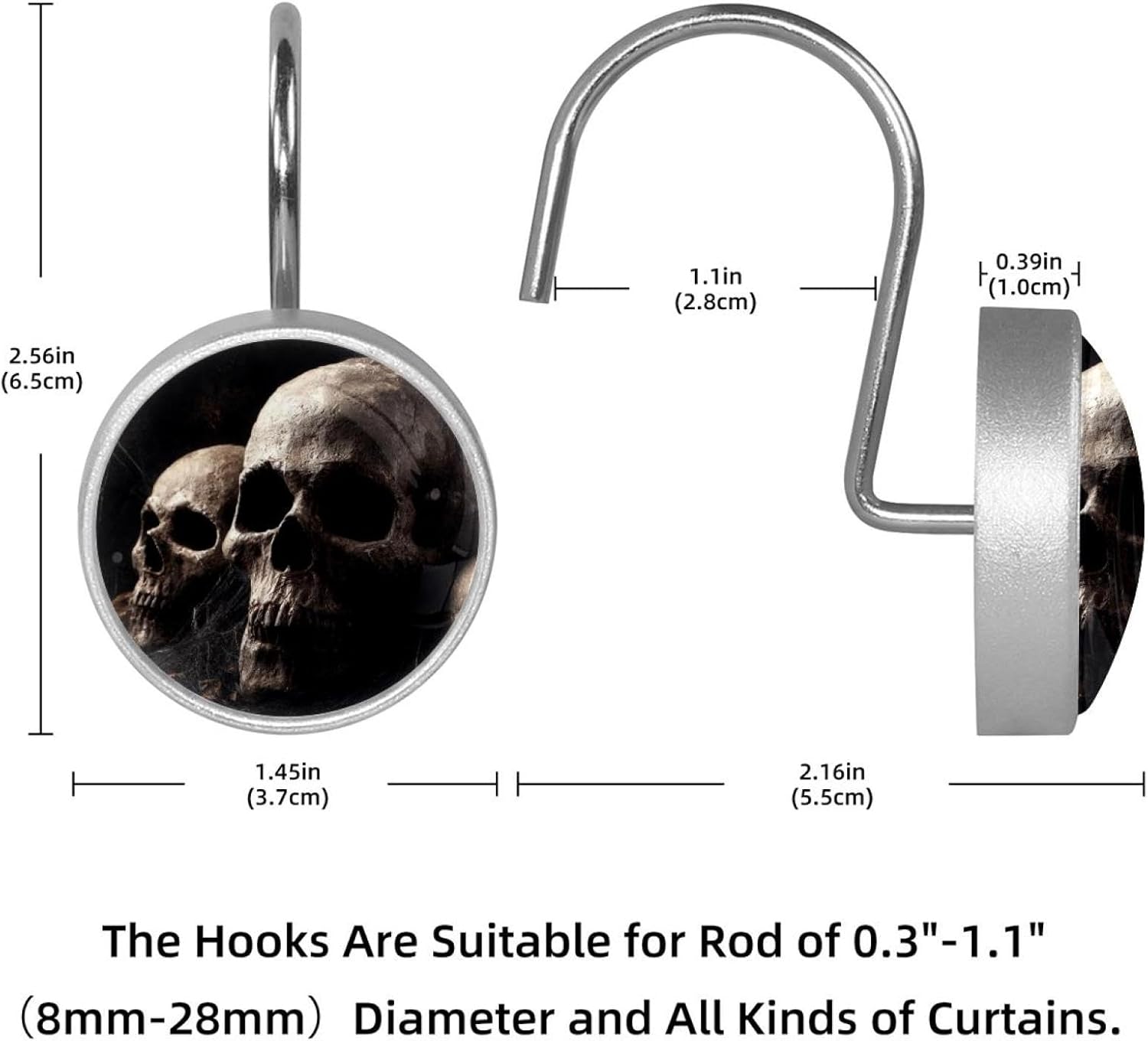 Set of 12 Shower Curtain Hooks, Shower Curtain Rings Crystal Glass Decorative Bathroom Hook, Halloween Scarry Skulls (1)
