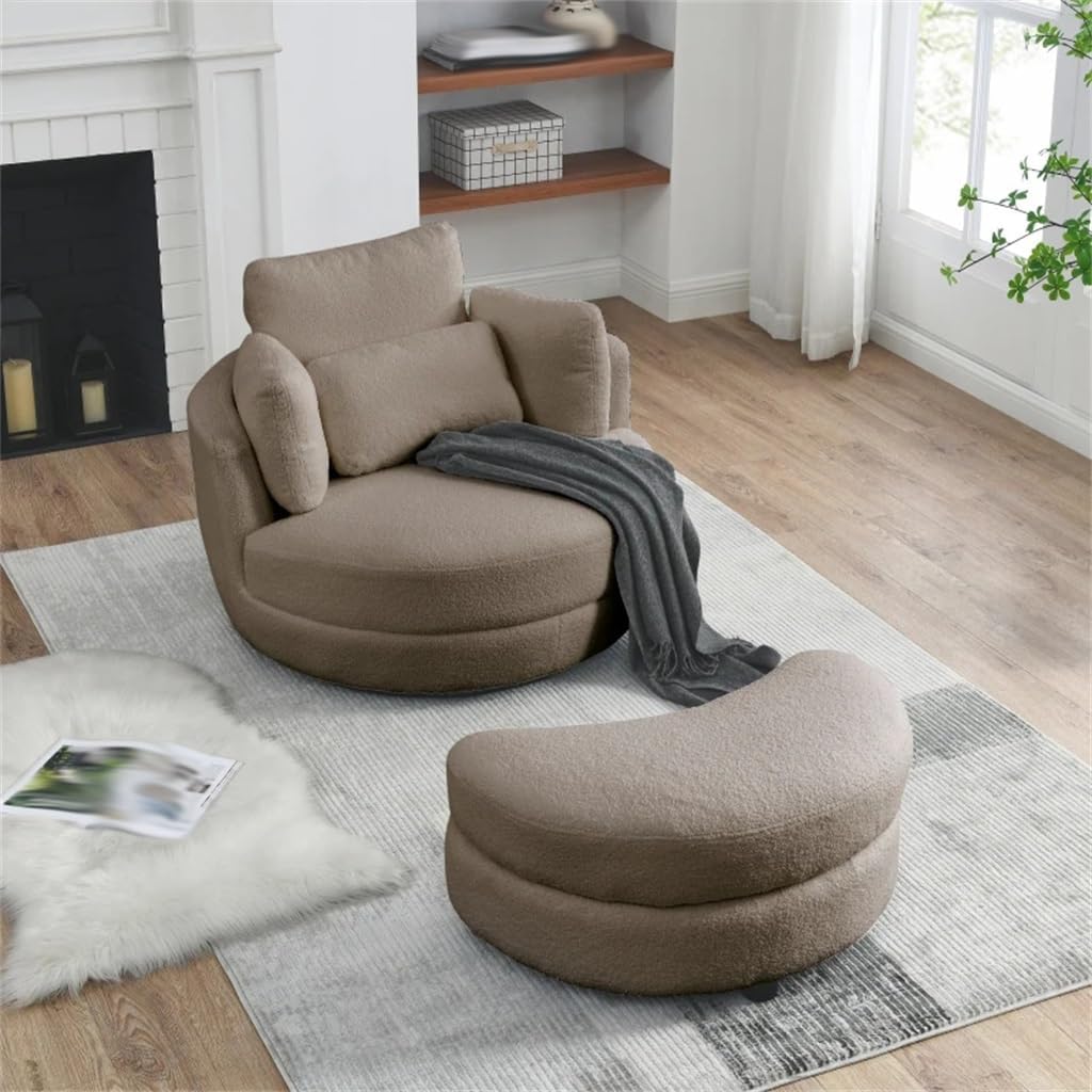 39" W Oversized Swivel Chair with Moon Storage Ottoman for Living Room, Round Loveseat Circle Barrel Chairs