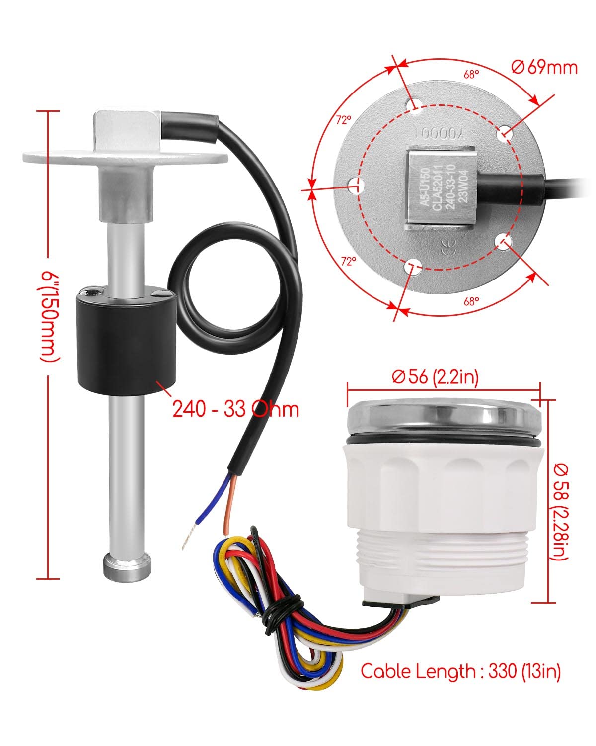 Fuel Gauge Sending Unit Sensor Set, High Resolution (6" 150mm) Stainless Steel Fuel Tank Sending Unit and Fuel Gauge Kit Marine Fuel Sender for Boat RV Truck Vehicle