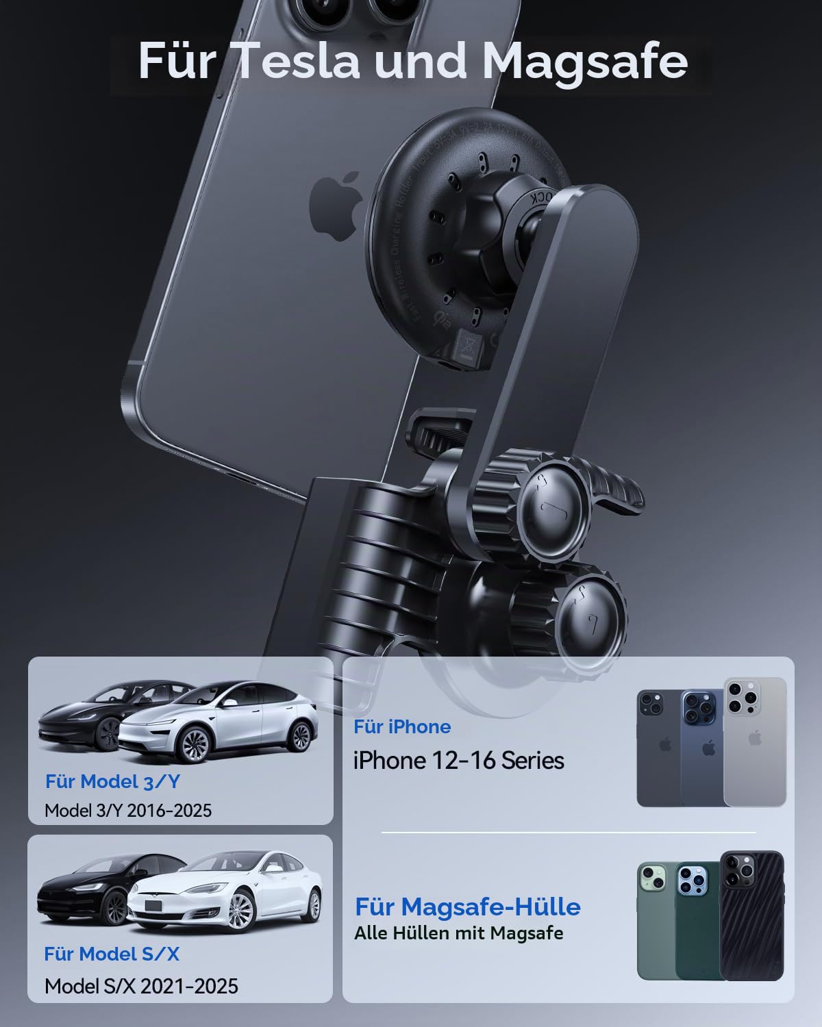 Qi2 Zertifiziert 15W Handyhalterung für Tesla Model 3/Y/X/S MagSafe Handyhalter Auto Magnet mit 1M C-C Kabel für iPhone 12-17 Serie und MagSafe-Hülle