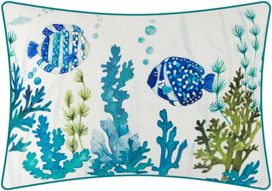 JWH Love Fishes Throw Pillow Cover Decorative Rectangle Cushion Case Sea Grass Accent Lumbar Pillowcase for Bed Bedroom Couch Chair 14x20 Inch Blue Green