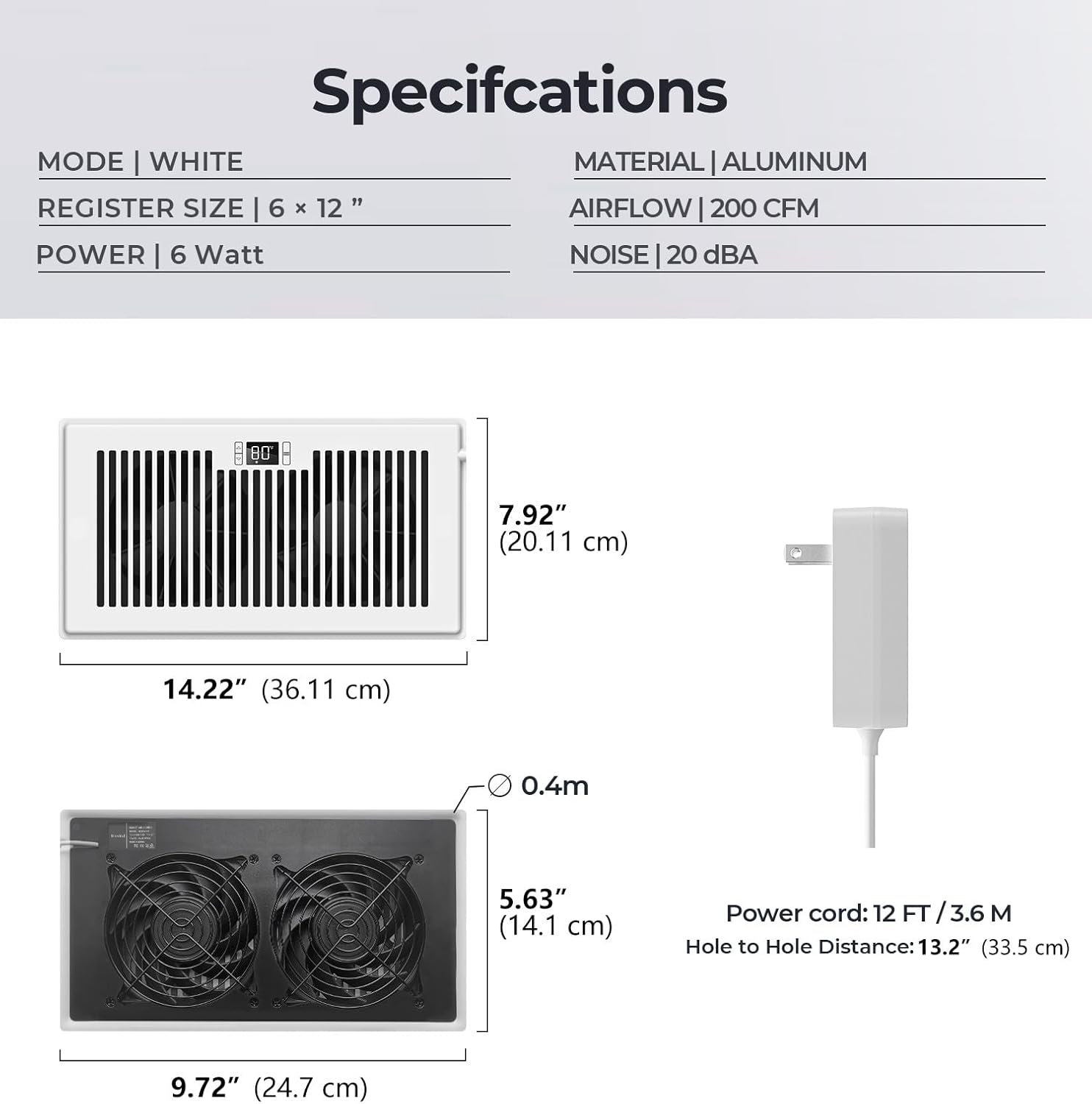 BIOWIND Quiet Register Booster Fan Fits 6" x 12" Register Holes, 10-Speed Smart Heating Cooling AC Vent Fan with Remote Control and Thermostat Control - White