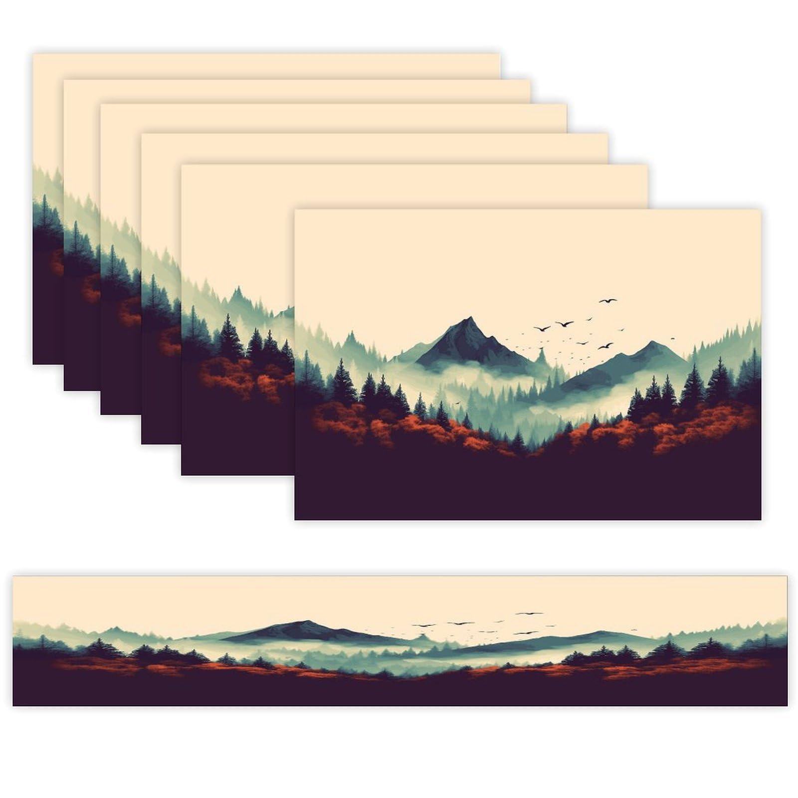 Landscape Mountain Table Runner and Placemats Set of 6 Modern Art Table Runners Table Mats Heat Resistant Non-Slip Place Mats Washable Linen Dining Mat Sets for Kitchen
