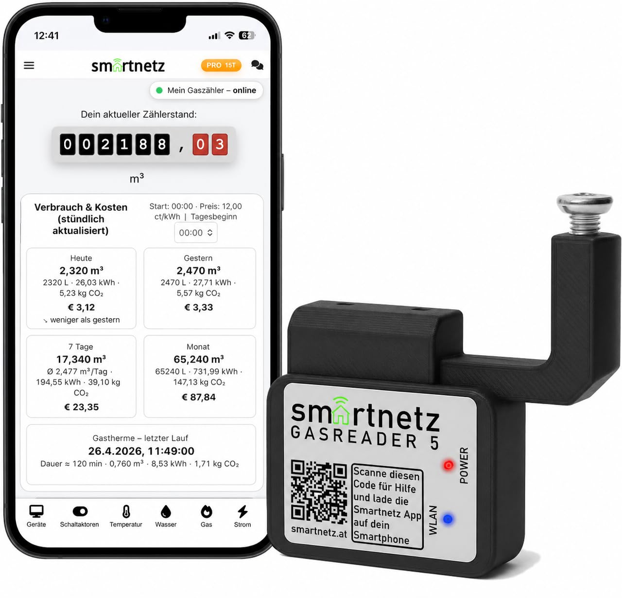 Gaszähler Reader – Gasverbrauch & Kosten live in der App – Plug & Play für BK Gaszähler – WLAN Smart Gas Meter