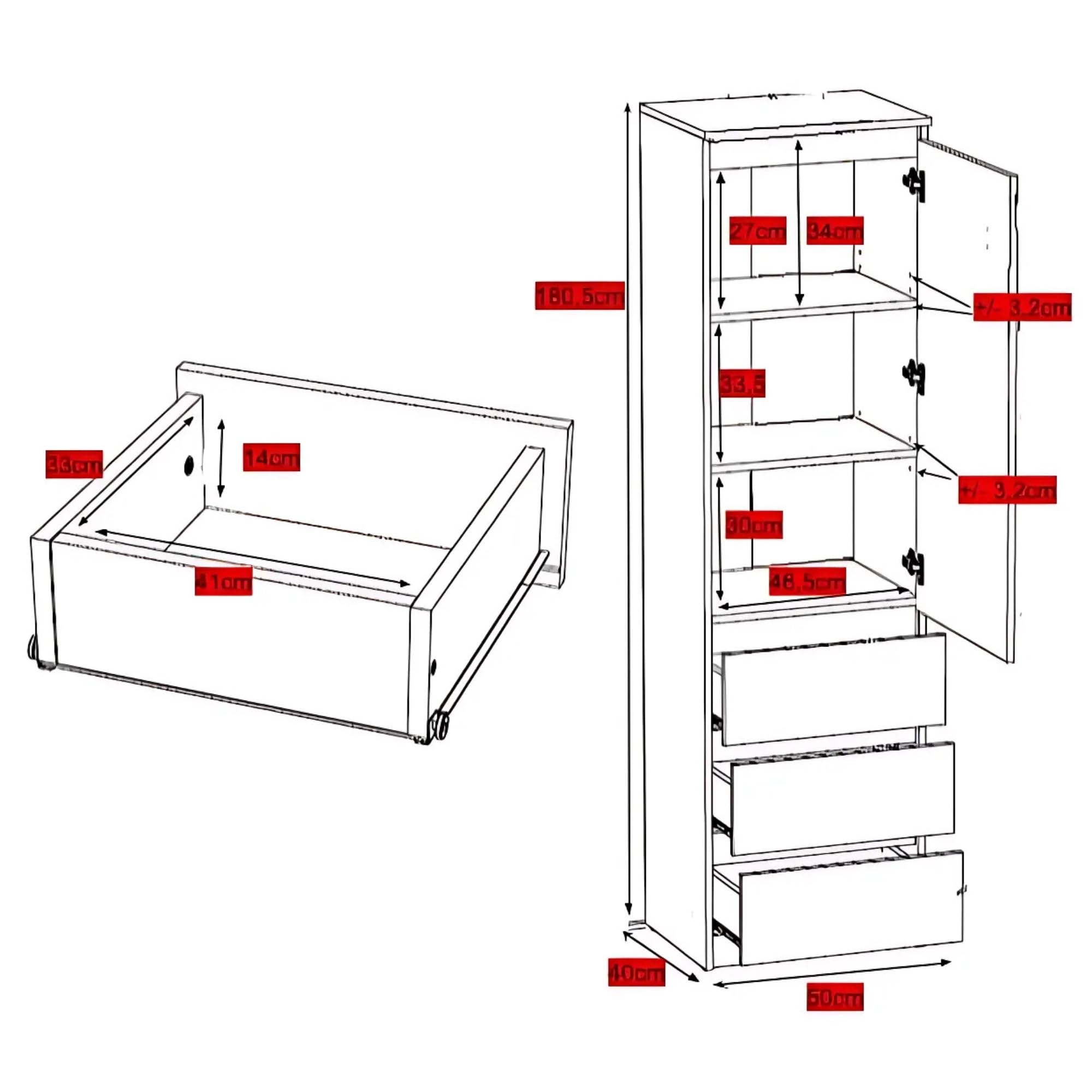 Kleiderschrank, Garderobenschrank, Mehrzweckschrank mit 3 Einlegeböden & 3 Schubladen | kompakter und funktionaler Schrank für Schlafzimmer, Flur oder Arbeitszimmer | 50x40x180 cm (BxTxH) | Weiß