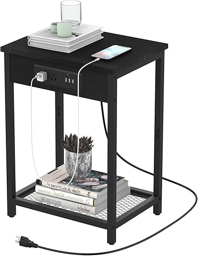 CADUKE Nightstand Set of 2, Bedside Table with Charging Station for Bedroom, Industrial Side End Table with USB Ports and Power Outlets for Farmhouse