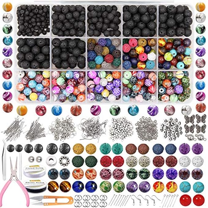 EuTengHao 846pcs Volcanic Stone Beads Rock Loose Beads Cloisonne Bead Set with Ink Pattern Chakra Beads Spacer Pendant Beads for Diffuser Essential Oil Adult DIY Bracelet Jewelry Making Supplies