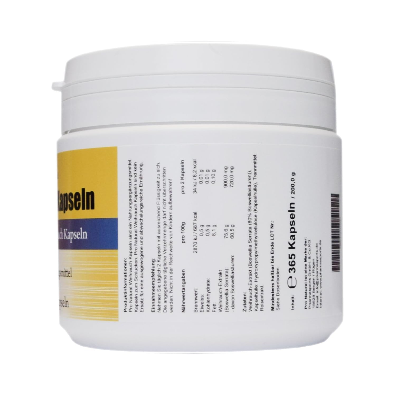 Weihrauch Kapseln hochdosiert 450mg - 365 Kapseln (vegetarisch), Boswellia von Pro Natural