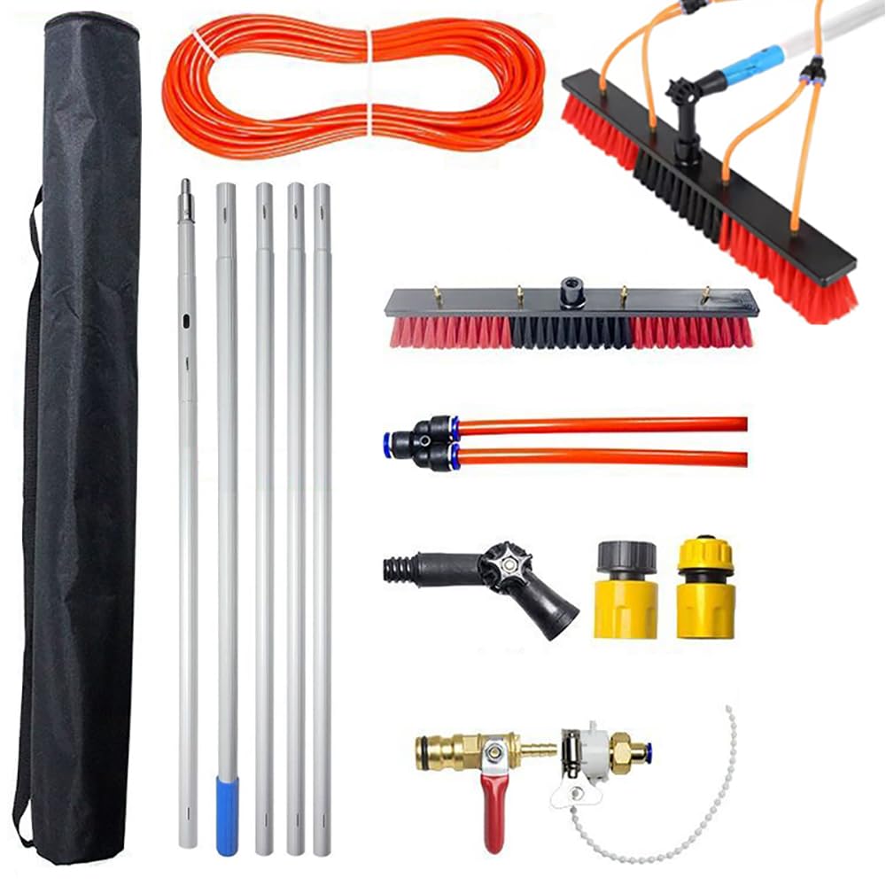 Palo Telescópico de Agua 5m con Cepillo Flexible 55cm|Cabezal Ajustable 180°|Incl Manguera Anticongelante 20m y Accesorios,con Bolsa de Almacenamiento|para Paneles Solares,Ventanas,Caravanas
