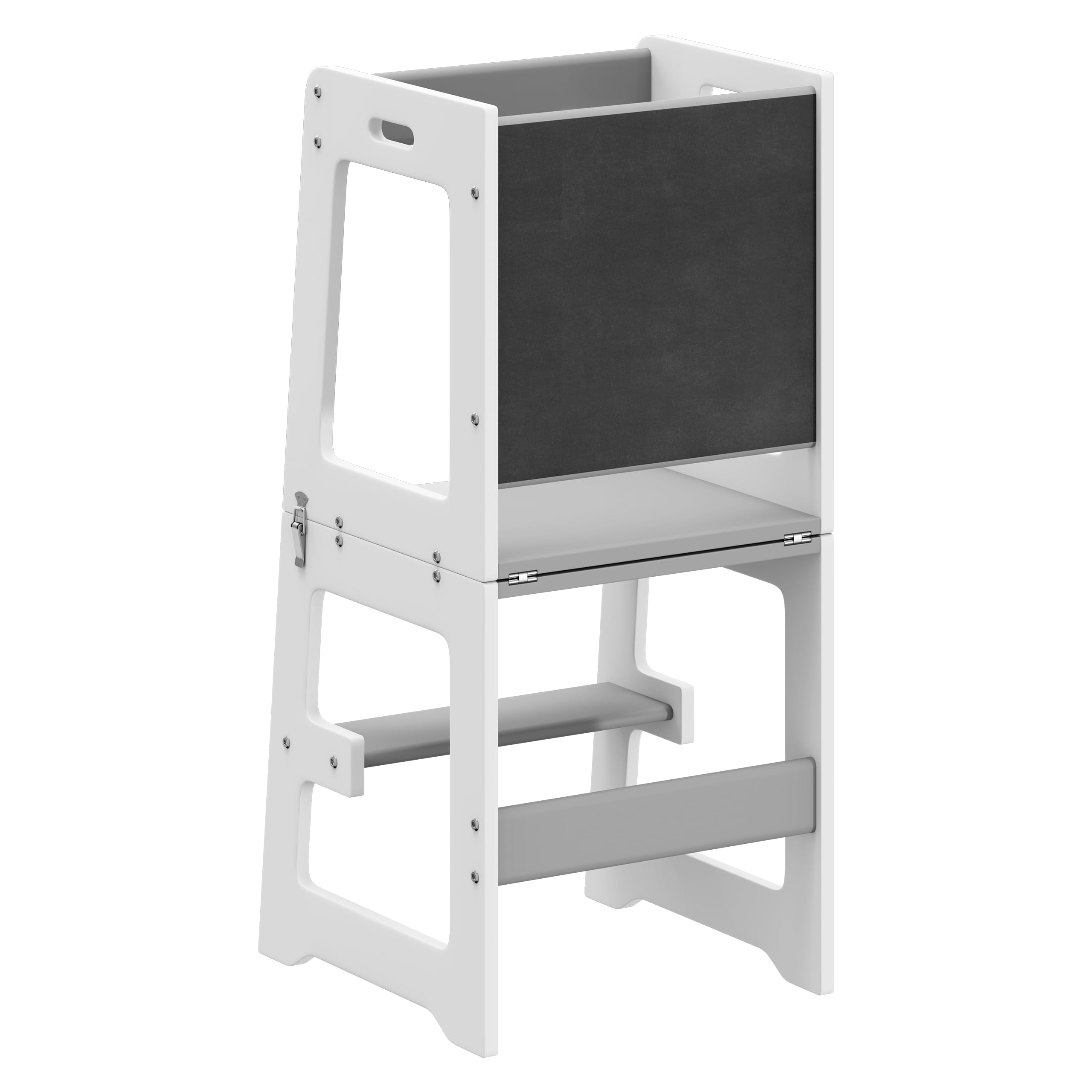 Tulano Mooby 35 Lernturm 3 in 1 für Kinder ab 1 Jahr - Stabil bis 60kg | Montessori Kitchen Helper umbaubar zu Tisch mit Stuhl & Maltafel - Kindermöbel aus MDF - Tritthocker Küche - Grau