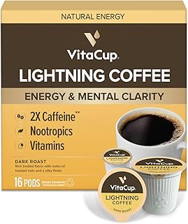 VitaCup Lightning Coffee Pods, for Memory & Focus w/ 2X Caffeine, Green Coffee Bean, B Vitamins, D3, Strong Dark Roast, Recyclable Single Serve Pod Compatible with Keurig K-Cup Brewers, 16 Ct