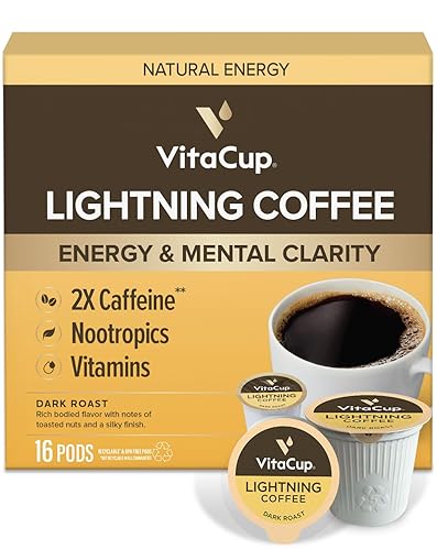 Cápsulas de café VitaCup Lightning, para la memoria y el enfoque con el doble de cafeína, grano de café verde, vitaminas B, D3, café tostado oscuro