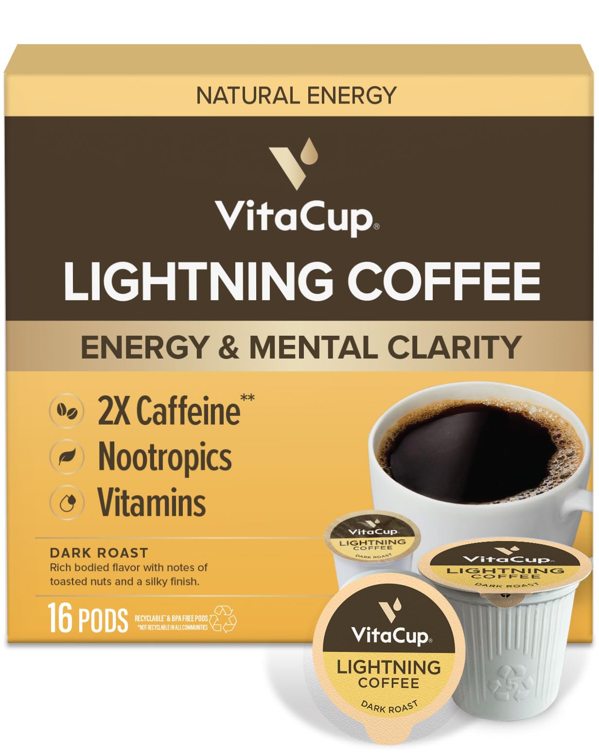 Lightning Coffee Pods, for Memory & Focus w/ 2X Caffeine, Green Coffee Bean, B Vitamins, D3, Strong Dark Roast, Recyclable Single Serve Pod Compatible with Keurig K-Cup Brewers, 16 Ct