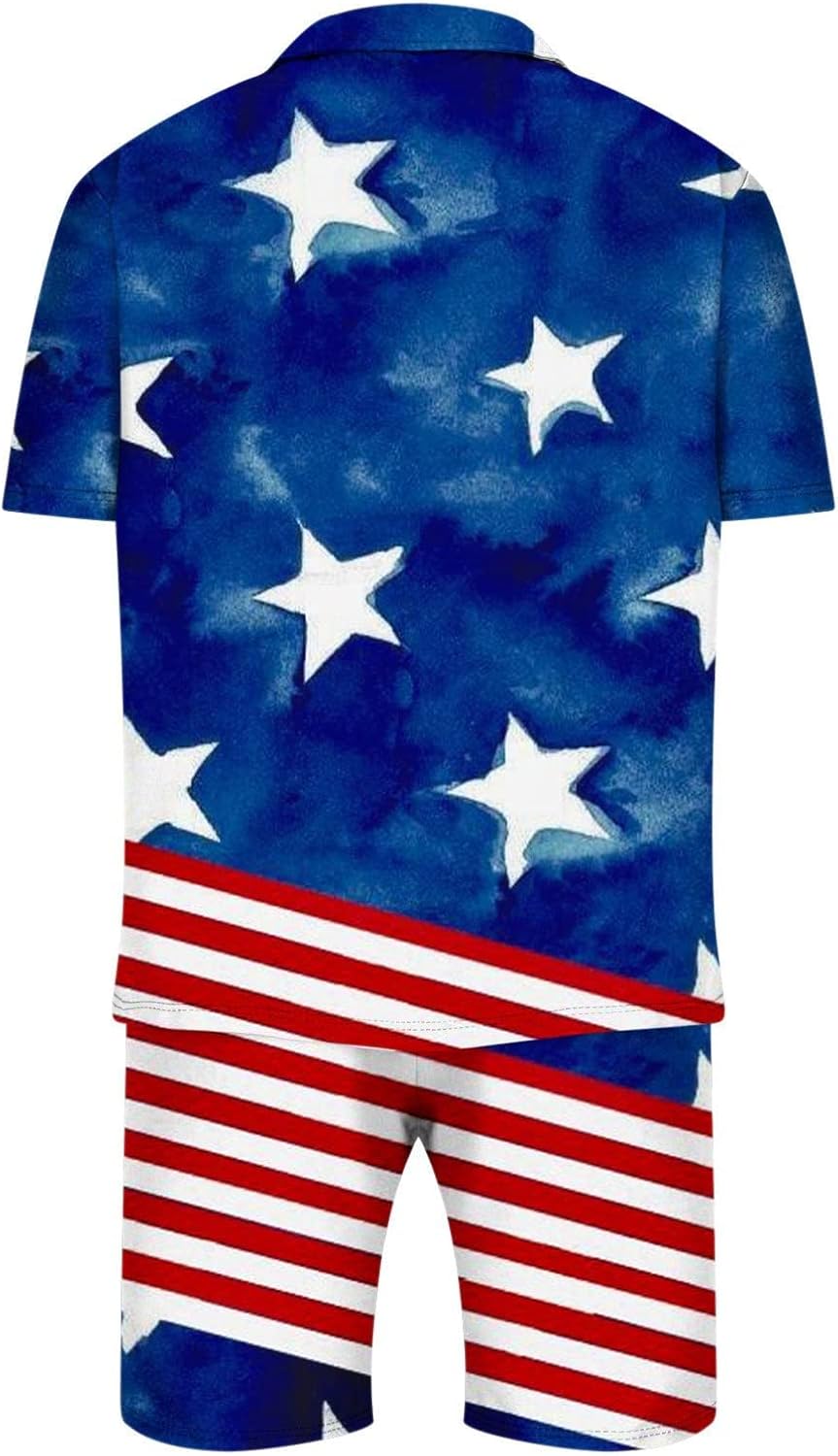 Miniatura 5 de Drether Men Short Sets Outfits 2 Piece Track Suits Set 2 Pieces Outfits Polo Shirt USA Flag Patriotic Shorts Set