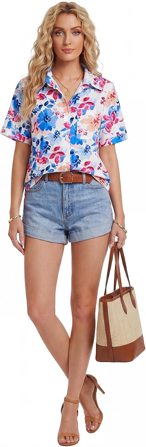 KIFOVEN Women's Button Down Shirt V Neck Short Sleeve Blouse Business Casual Collared Summer Tops with Pocket