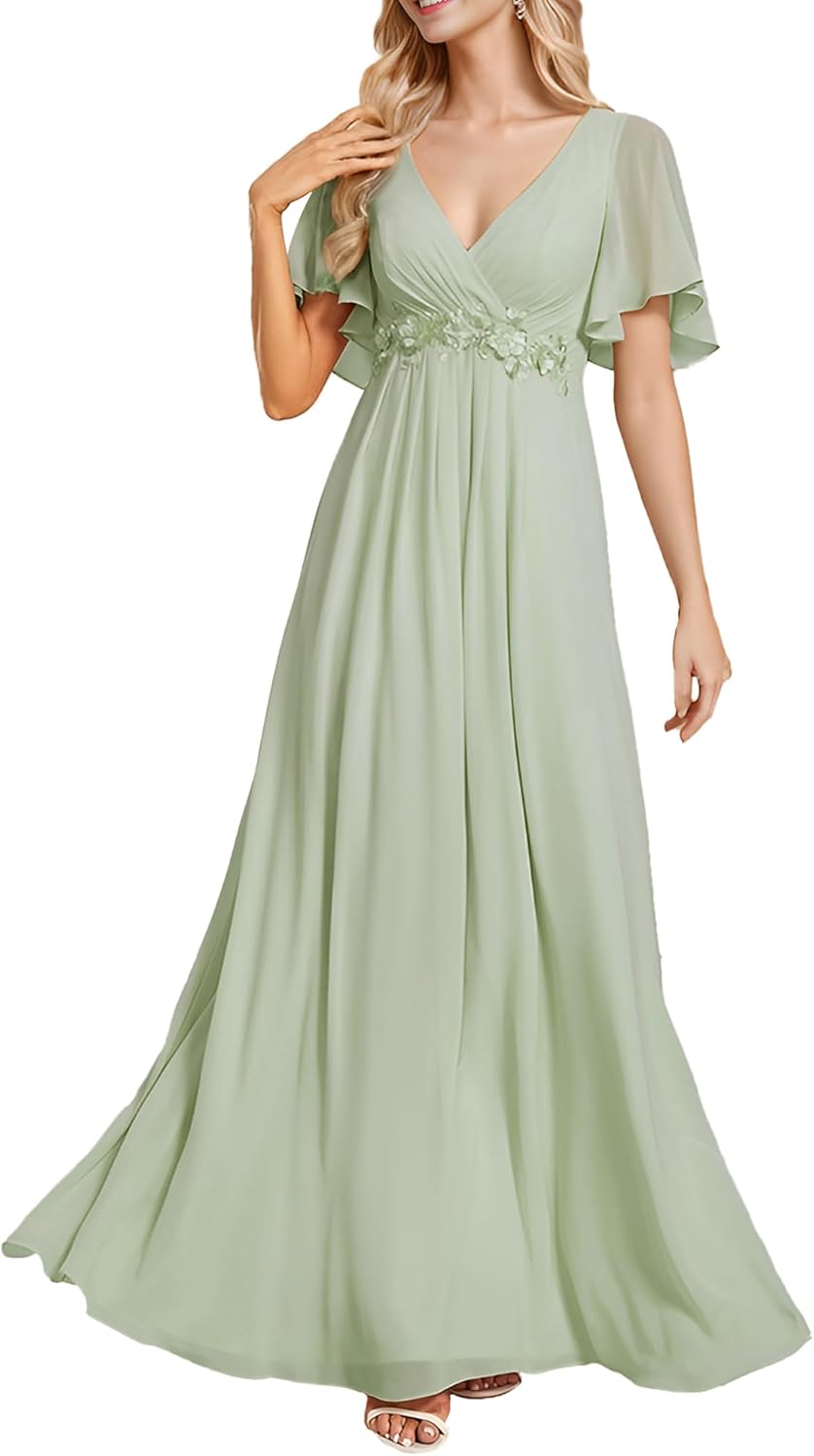 Ever-Pretty Women's Spring Short Sleeve Bridesmaid Dresses V-Neck Chiffon Ruched Empire Waist Appliques Long Formal Dress