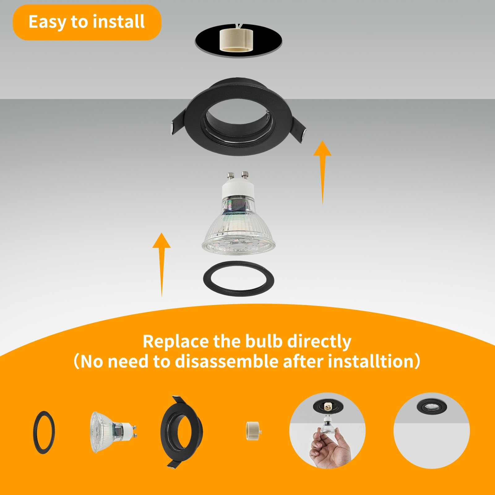 GeyouLux Reflektor LED do zabudowy 230V Rama z gniazdem GU10, czarne aluminiowe reflektory sufitowe, okrągłe płaskie reflektory łazienkowe rama montażowa 68 mm do GU1O/MR16 Zestaw 6 szt