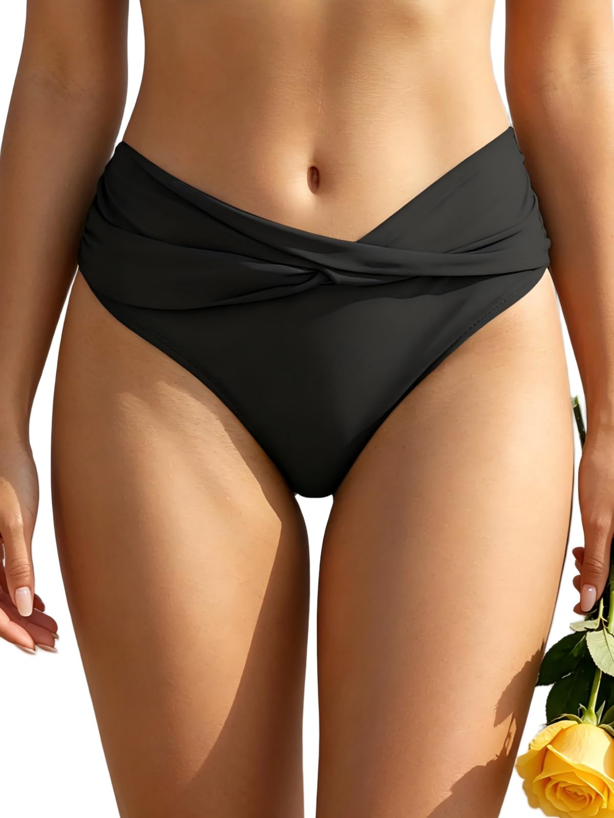 Photo 1 of SHEKINI Women's Cheeky Swimsuit Twist Front Bikini Bottoms Ruched Swim Bottoms (Black, Large)
