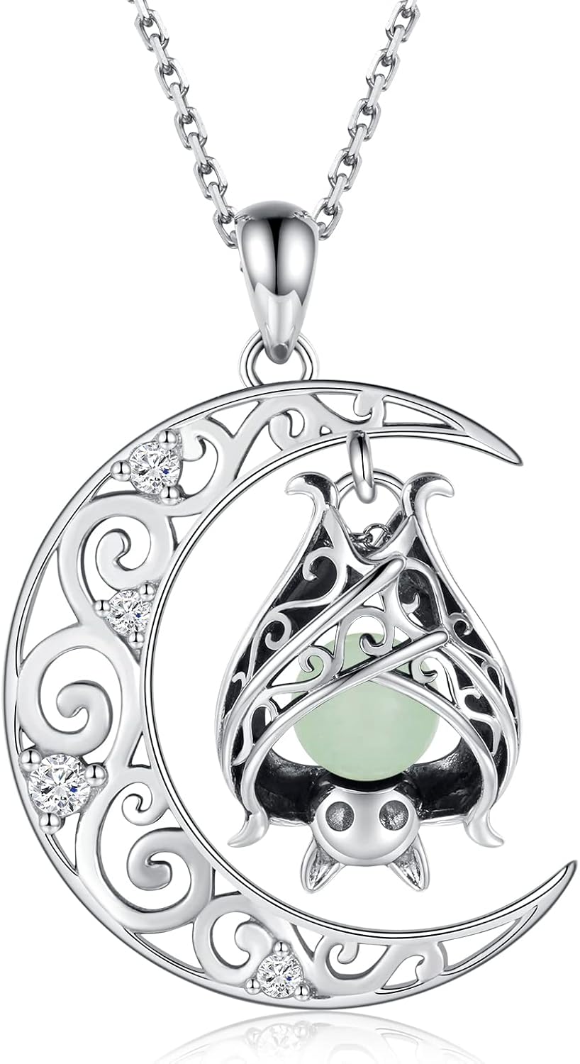 925 Sterling Silver Bat Necklace - Glowing in The Dark Bat Moon Pendant Halloween Jewelry Gift for Women